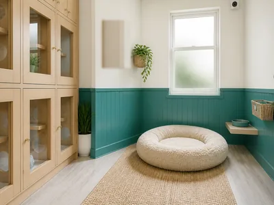 Suite anjing Rumah Bulu — Kamar tertutup dengan kasur bulat dan kamera pantau. Kalau ingin dilihat sewaktu-waktu, tinggal minta.