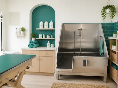 Ruang mandi Rumah Bulu — Bak stainless dengan air hangat yang bisa diatur. Handuk dipakai sekali, lalu dicuci.