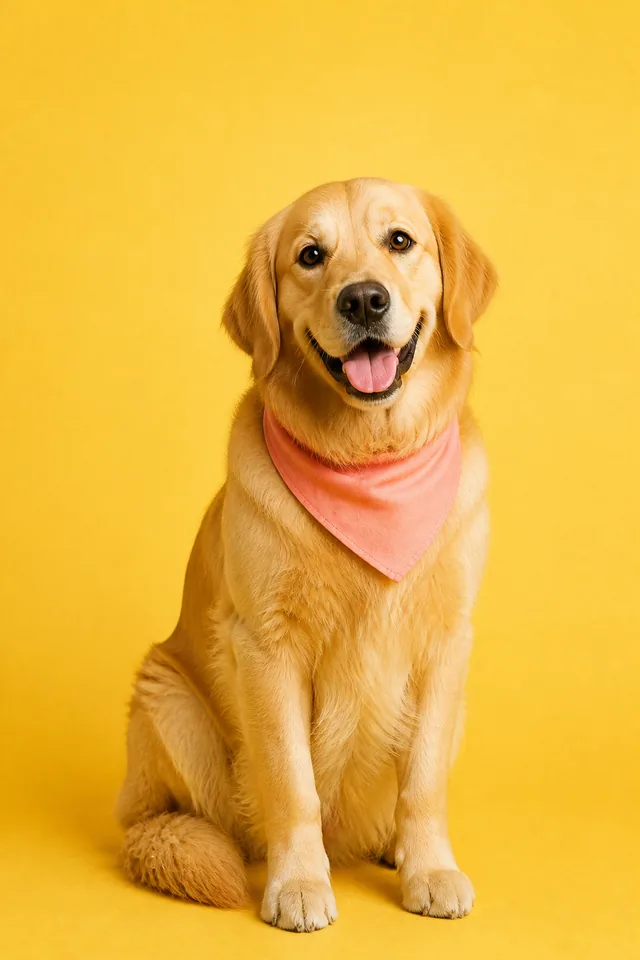 Anjing golden berbandana salmon duduk tenang di depan kertas studio kuning, sesudah grooming