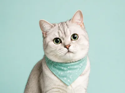 Potret dekat kucing domestik berbandana teal di depan kertas studio hijau muda